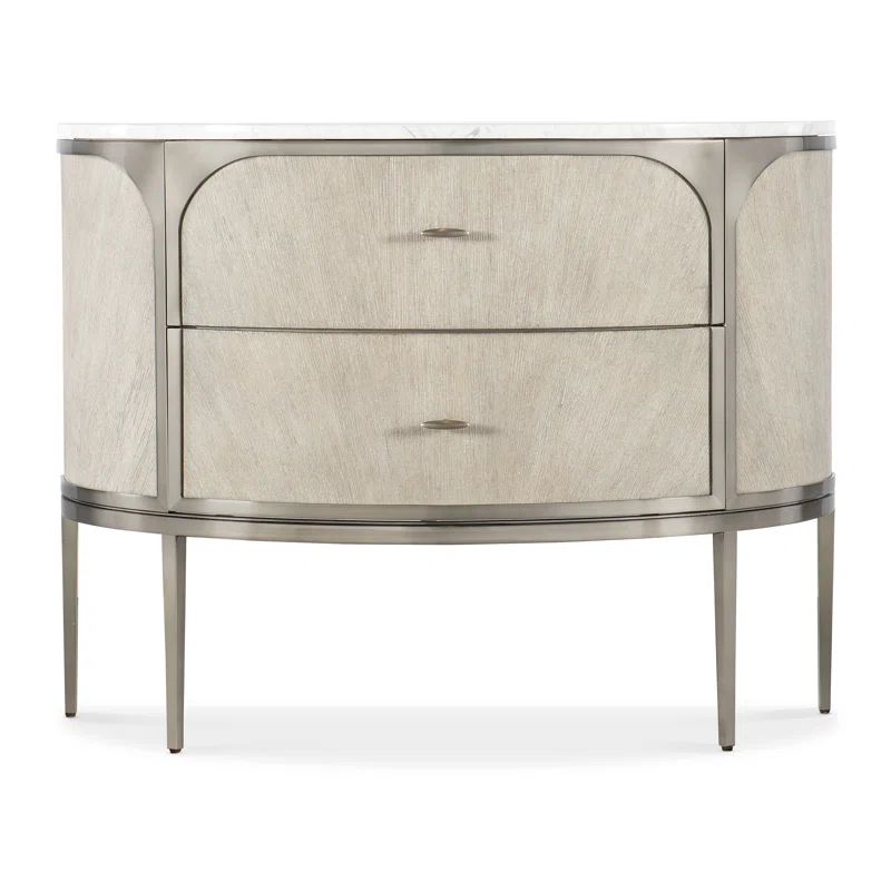 Modern Light Wood and Metal 2-Drawer Nightstand with Marble Top