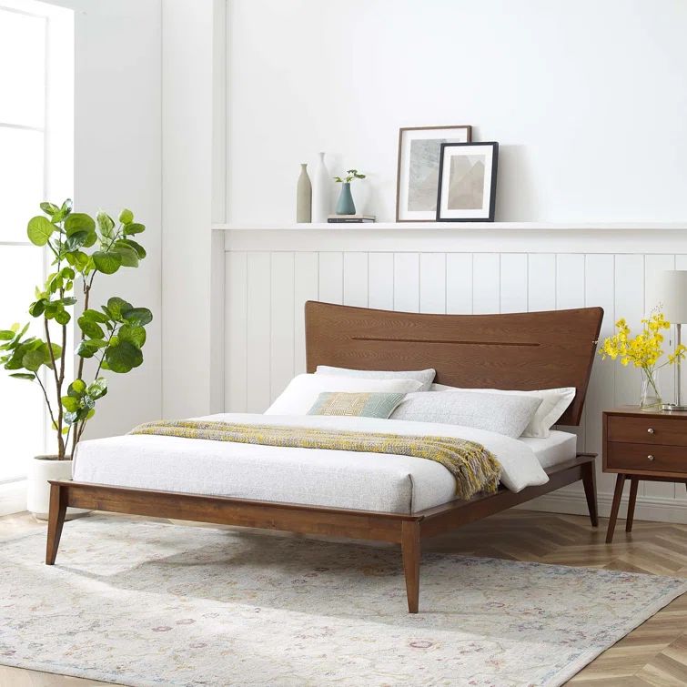 Astra Mid-Century Walnut Full Platform Bed with Wood Headboard