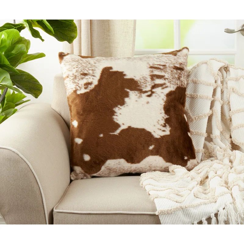 Brown and White Faux Cowhide Down Filled Throw Pillow