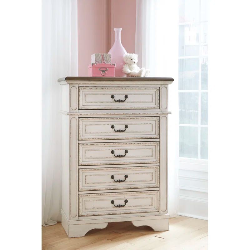 Cottage Charm Antique White 5-Drawer Chest with Felt Lined Drawers