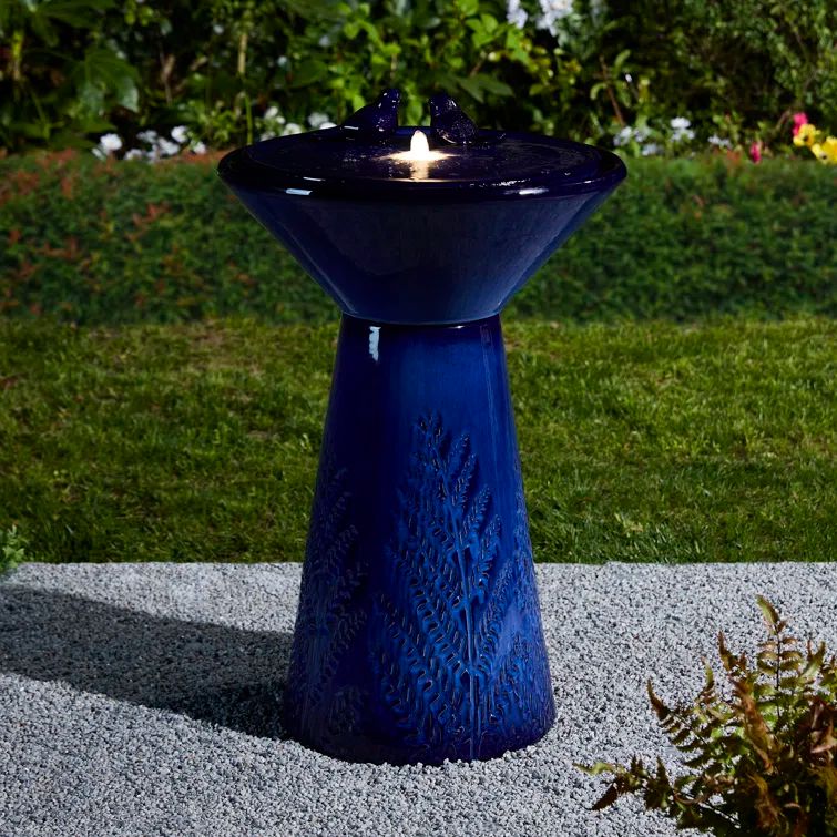 Cobalt Blue Ceramic Fountain with LED Light and Birds
