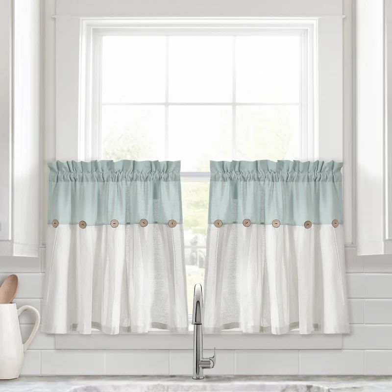 Blue and Off-White Cotton Blend Kitchen Tier Curtains with Rustic Buttons