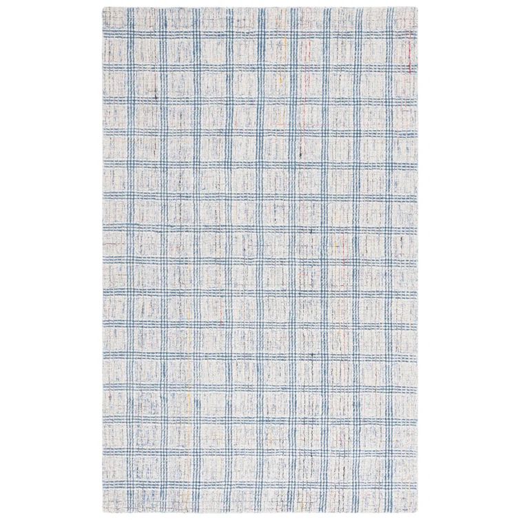 Ivory and Blue Hand-Tufted Wool Area Rug, 5' x 8'