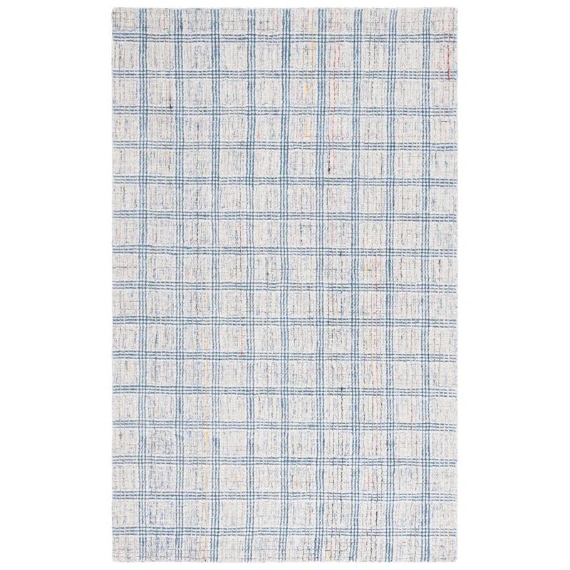 Ivory and Blue Hand-Tufted Wool Area Rug, 5' x 8'