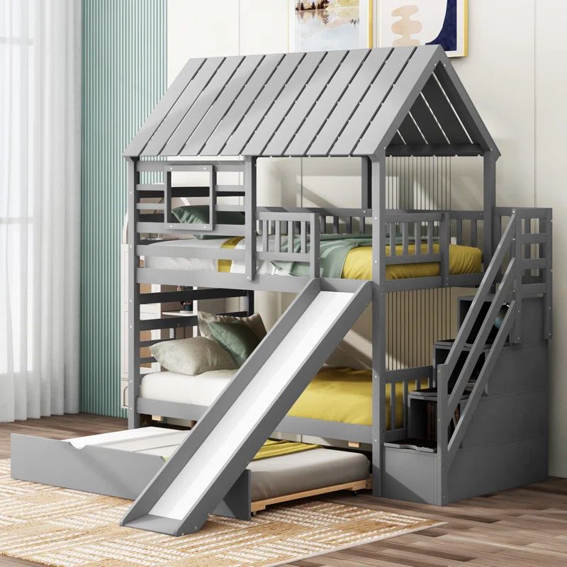 Gray Twin Over Twin Pine Wood Bunk Bed with Trundle and Slide