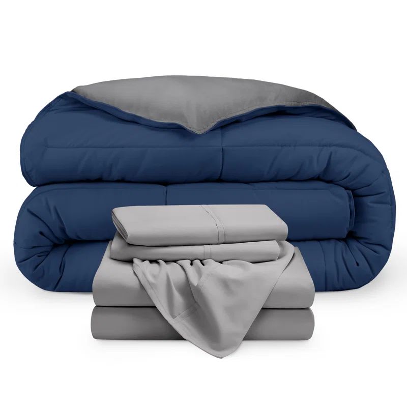 California King Dark Blue and Grey Microfiber Reversible Bed-in-a-Bag Set