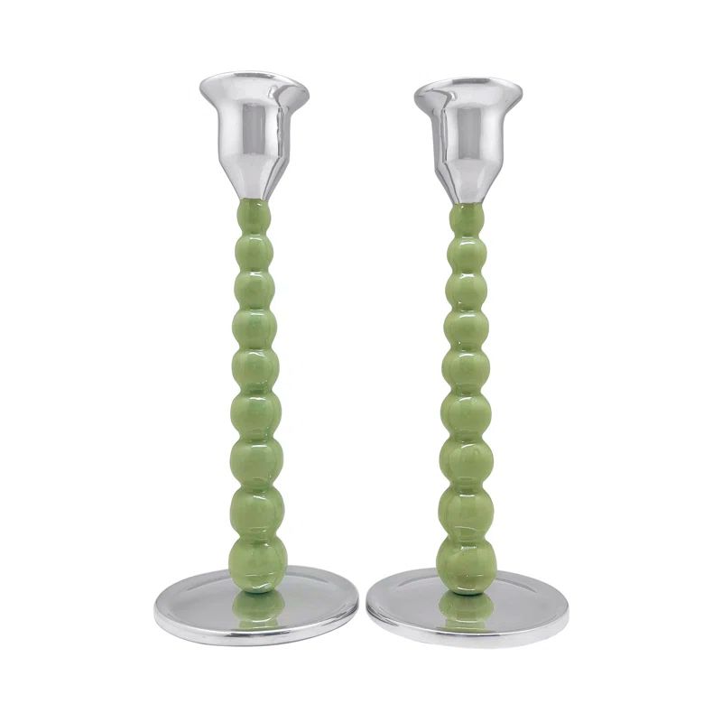 Medium Green Pearled Aluminum Tabletop Candlestick Set