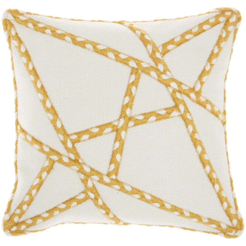 Yellow and Ivory Geometric Embroidered Outdoor Throw Pillow, 18" x 18"