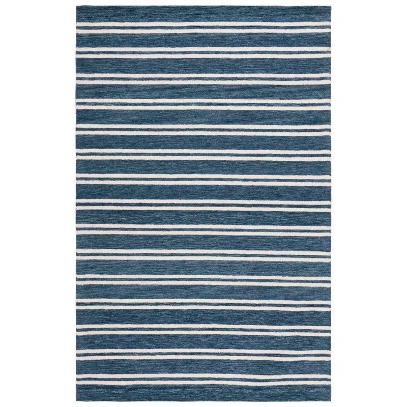 Handmade Blue and Ivory Wool Stripe 6' x 9' Rug