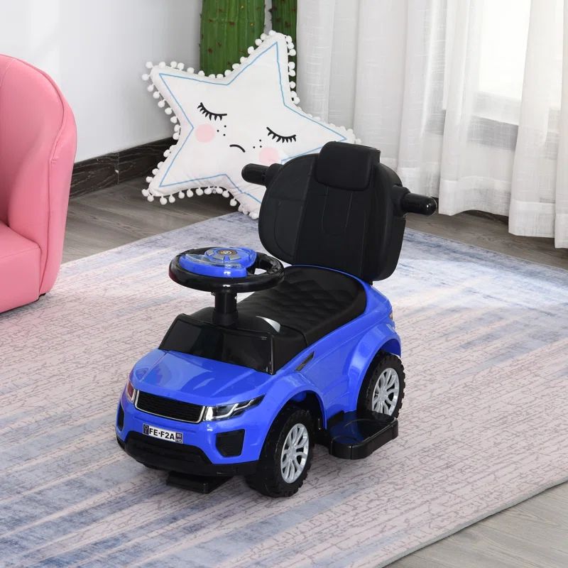 Blue 3-in-1 Kid's Ride-On Push Car with Safety Bar