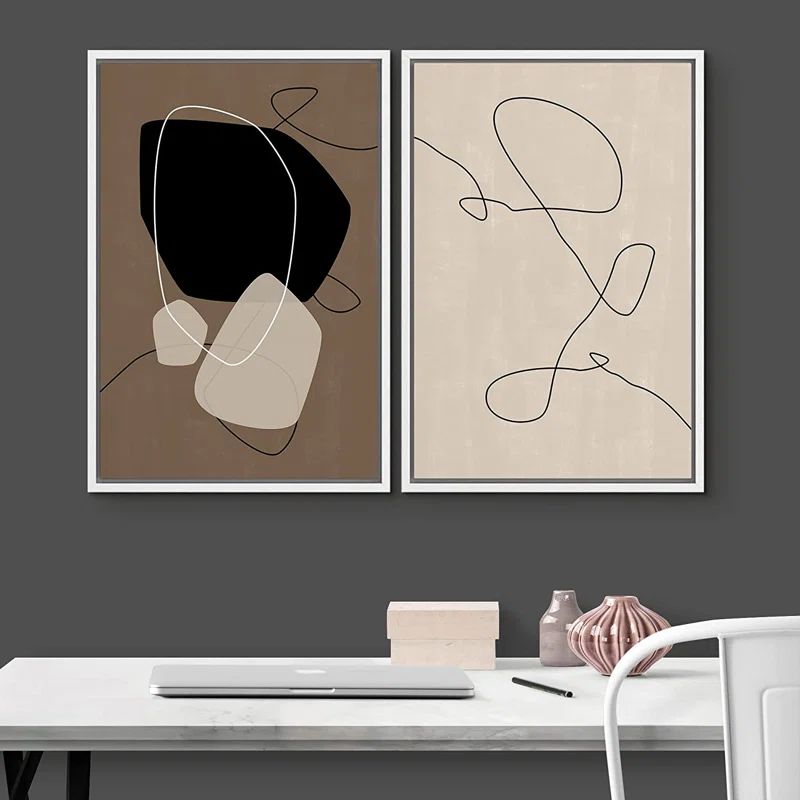 Modern Abstract Brown and Black Framed Canvas Wall Art Set