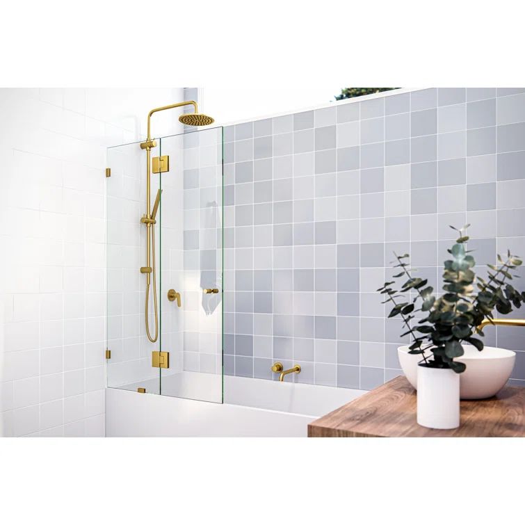 34" Satin Brass Frameless Glass Hinged Bathtub Door