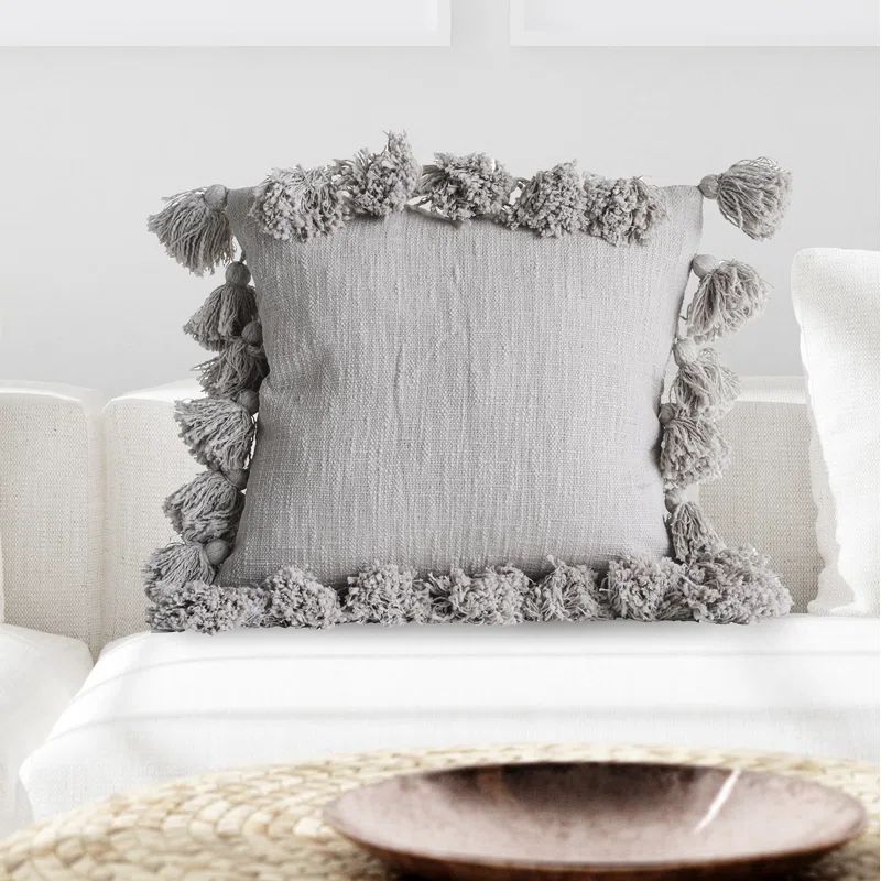 Gray Cotton Slub Pillow with Tassels