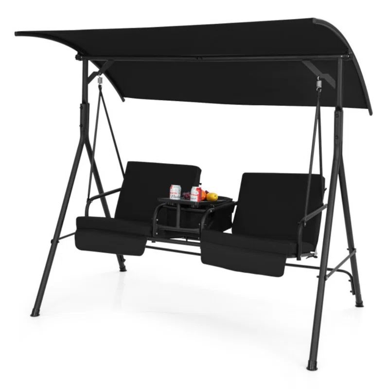 Black Steel Porch Swing Chair with Adjustable Canopy