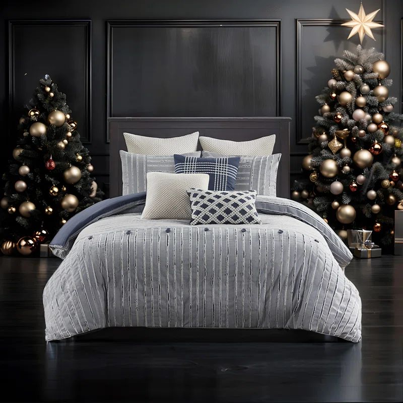 Blue Cotton Queen Comforter Set with Decorative Pillows