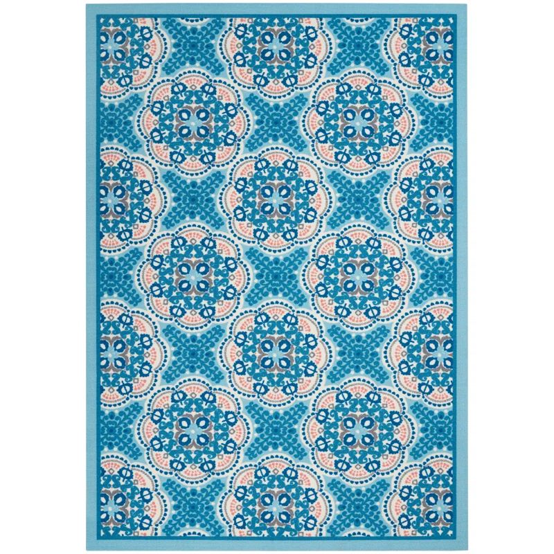 Blue Floral Rectangular Synthetic Indoor/Outdoor Rug