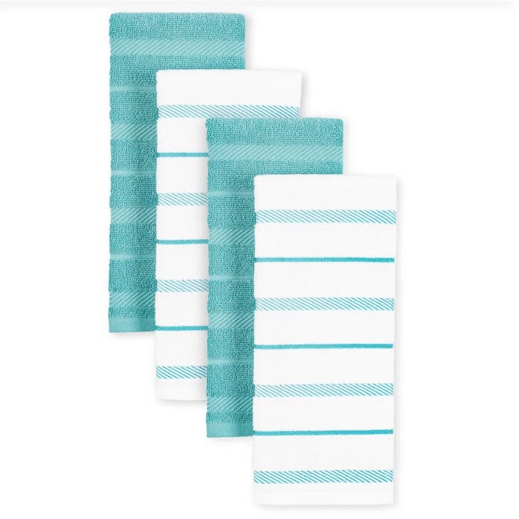 Aqua and White Cotton Kitchen Towel Set of Four