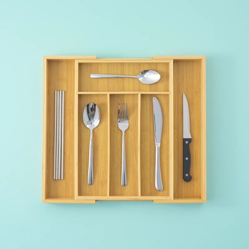 Natural Bamboo Adjustable Drawer Organizer for Kitchen Utensils