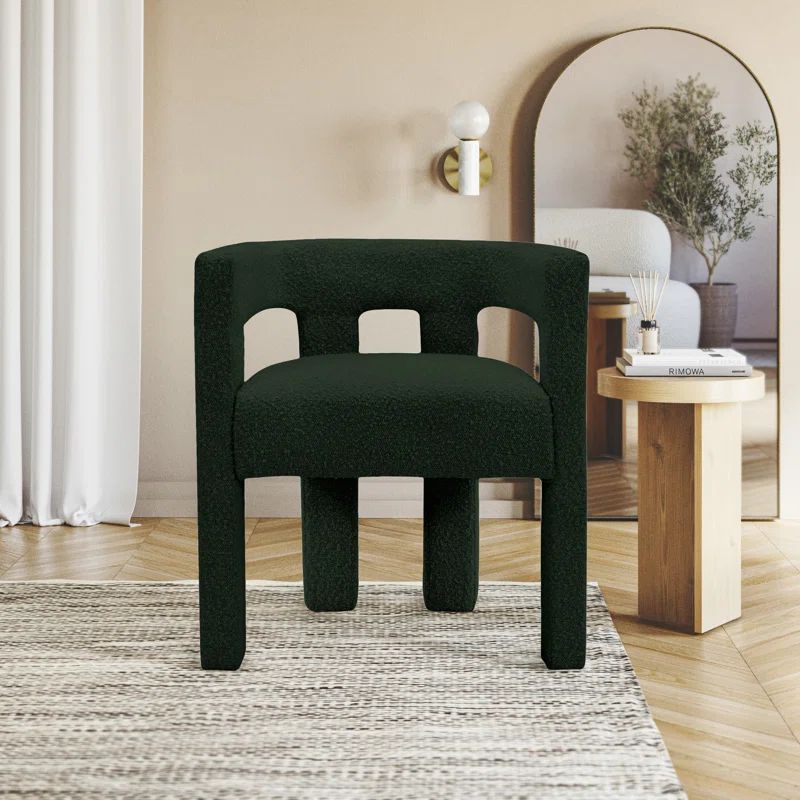 Green Boucle Upholstered Low Arm Chair with Wooden Legs