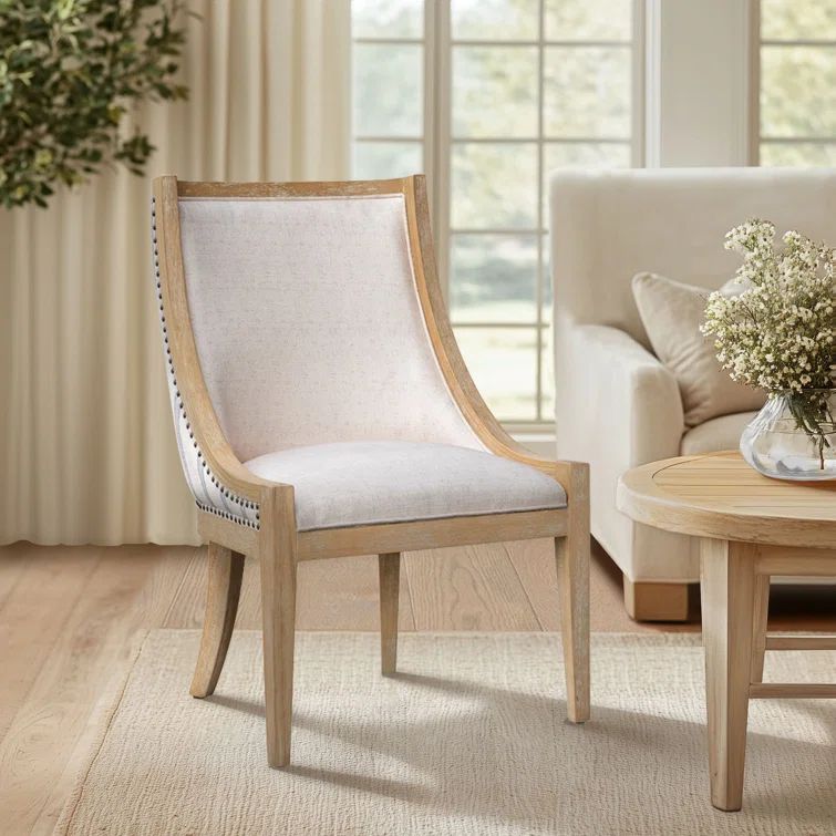 Elmcrest Beige Stripe Upholstered Dining Chair with Nailhead Trim