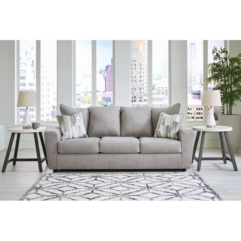 Gray Fabric Stationary Sofa with Flared Arms and Accent Pillows