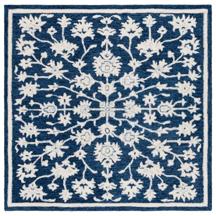 Navy and Ivory Hand-Tufted Wool Square Area Rug, 6' x 6'