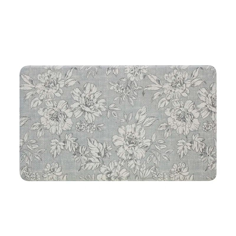 Gray Floral Anti-Fatigue Kitchen Mat with Slip Resistant Backing