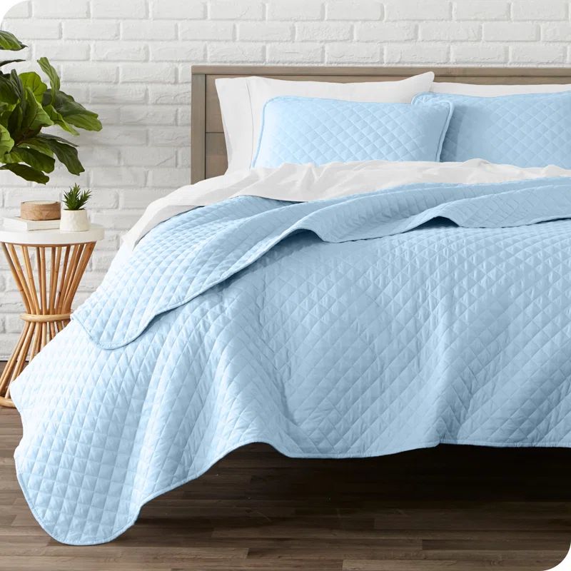 Light Blue Diamond Stitched Microfiber Full Coverlet Set