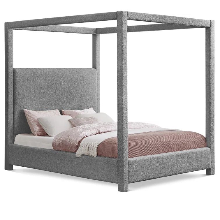 Gray King Boucle Fabric Upholstered Canopy Bed with Eucalyptus Wood Frame