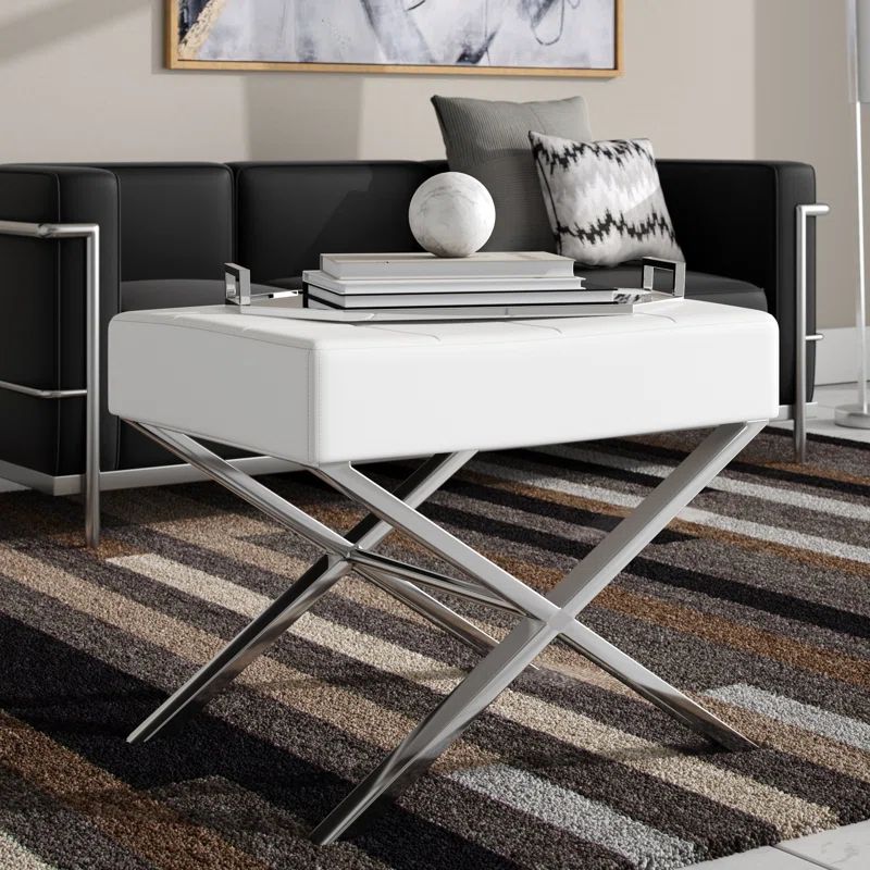 Sienna White Faux Leather Ottoman with Chrome X-Legs