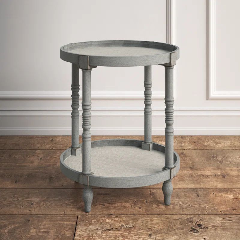 Bellport Classic Round Wood Side Table with Lower Shelf, Distressed Gray