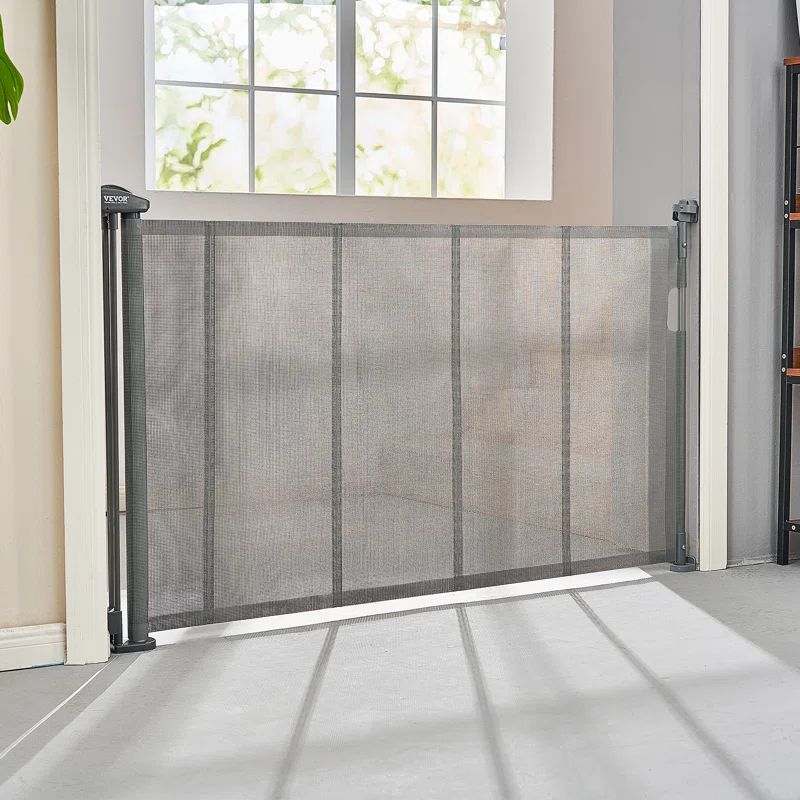 Gray Retractable Mesh Pet and Baby Gate for Stairs