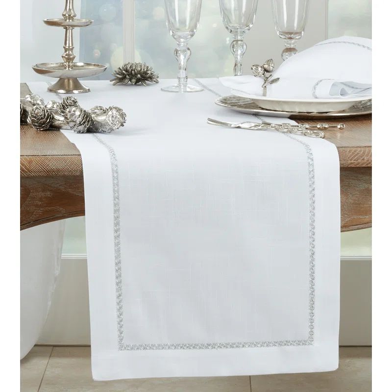 Elegant White and Silver Polyester Table Runner, 16" x 90"