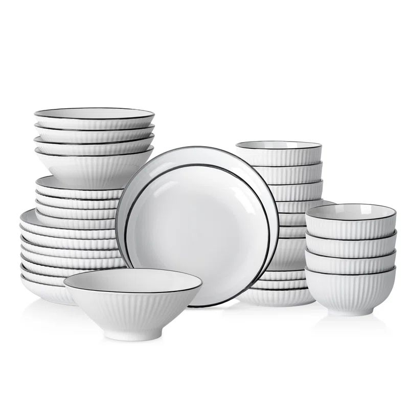 White Ribbed Ceramic 32-Piece Dinnerware Set, Service for 8