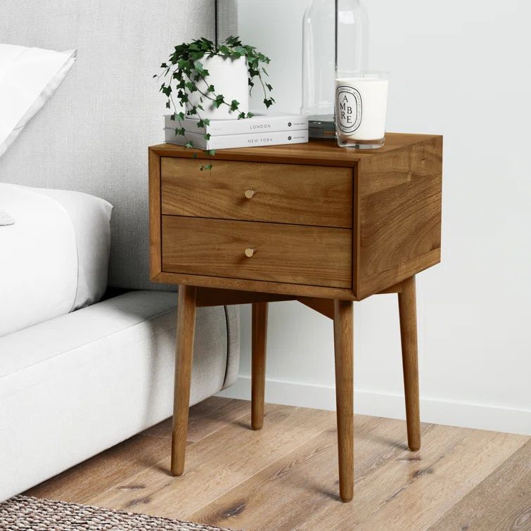 Harper Mid-Century Oak Wood Nightstand with Vintage Brass Hardware