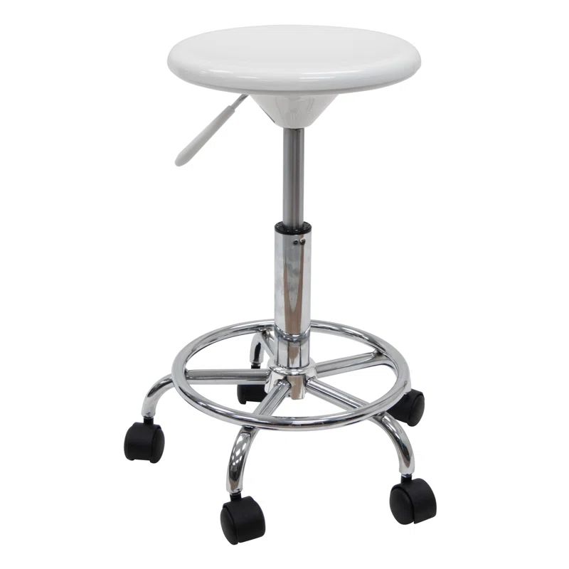 Sleek Adjustable White Acrylic Studio Stool with Chrome Footring and Wheels