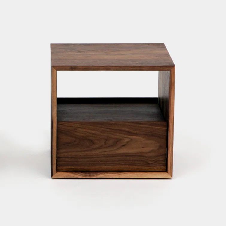 Walnut Solid Wood Nightstand with Drawer and Shelf