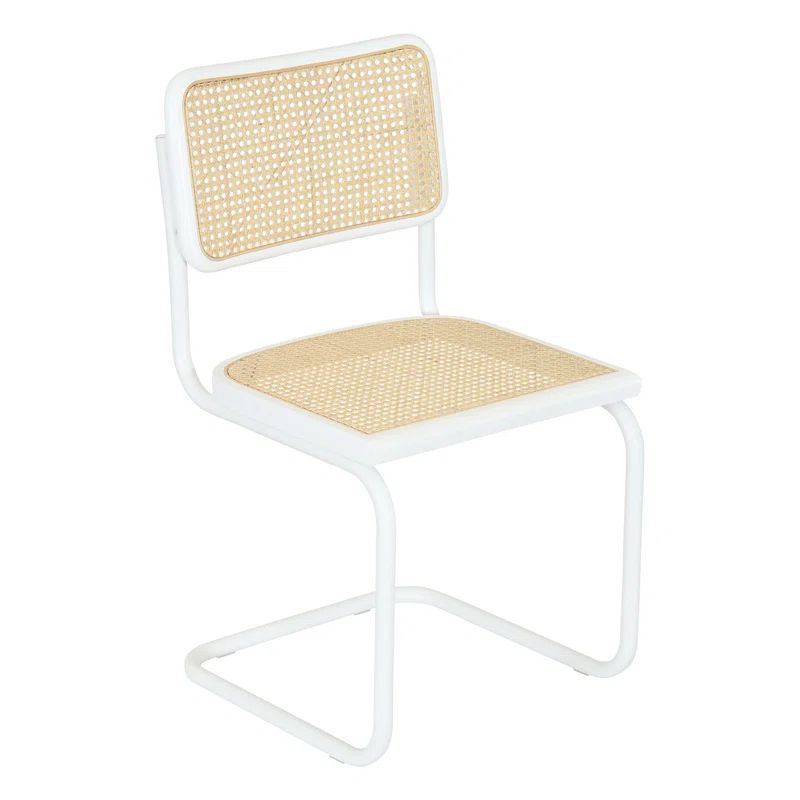White Steel and Natural Cane Cantilever Side Chair