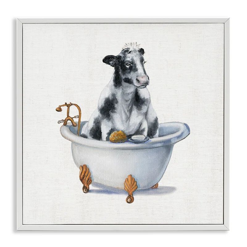 Whimsical Dairy Cow in Bathtub White Framed Wall Art