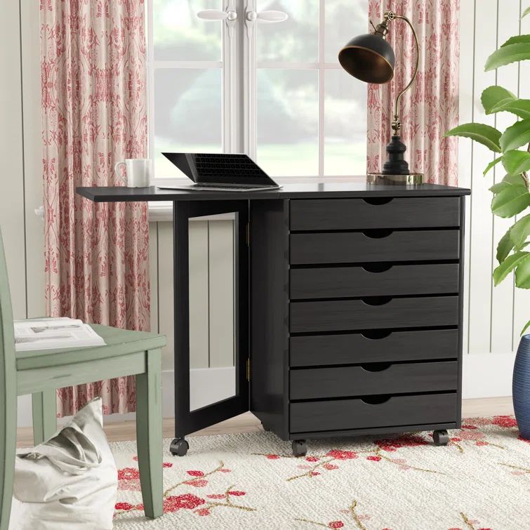 Black Solid Wood 7-Drawer Drop Leaf Roll Cart Desk
