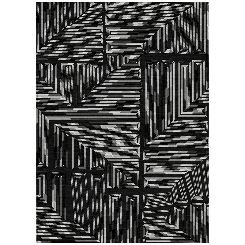 Black Geometric Synthetic Rectangular Washable Rug, 2'6" x 3'10"