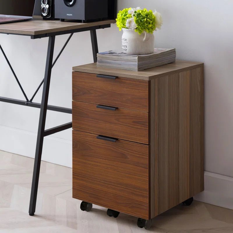 Mobile Vertical Lockable 3-Drawer File Cabinet in Brown