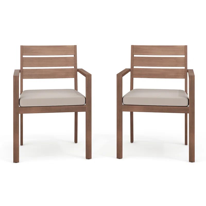 Brown Aluminum Patio Dining Armchairs with Beige Cushions, Set of 2