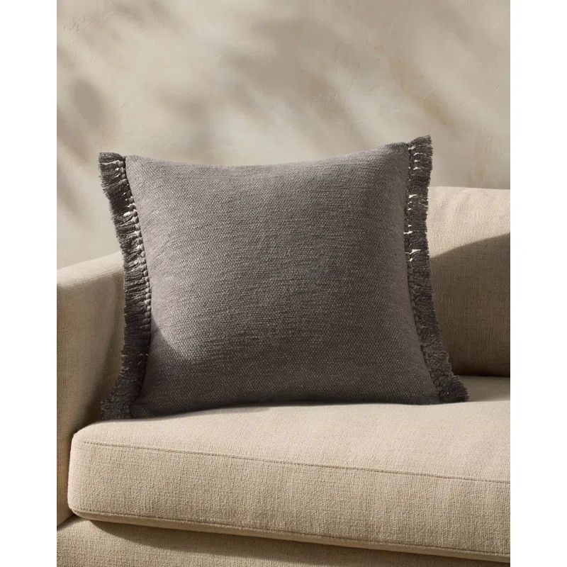 Gray Fringe Trimmed Cotton Blend 22'' Throw Pillow