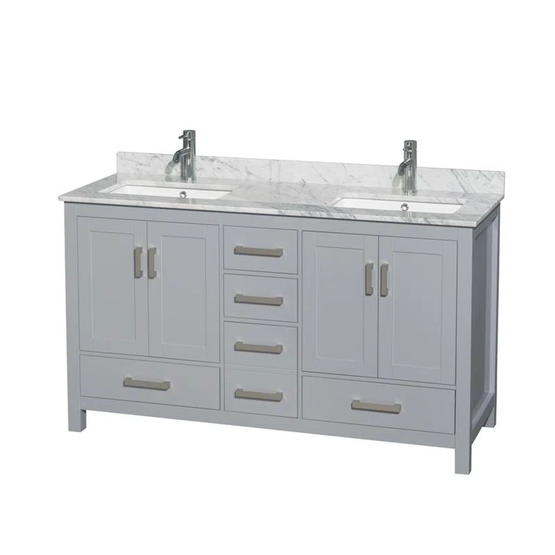 Sheffield 60'' Gray Double Freestanding Bathroom Vanity with White Carrara Stone Top