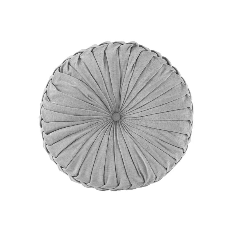 Gray Poly Chenille Round Floor Pillow with Tufted Button