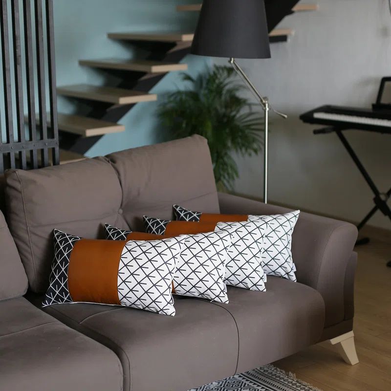 Boho Brown and Ivory Geometric Faux Leather Lumbar Pillow Cover Set