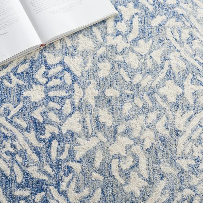 Blue and Ivory Floral Hand-Tufted Wool Runner Rug