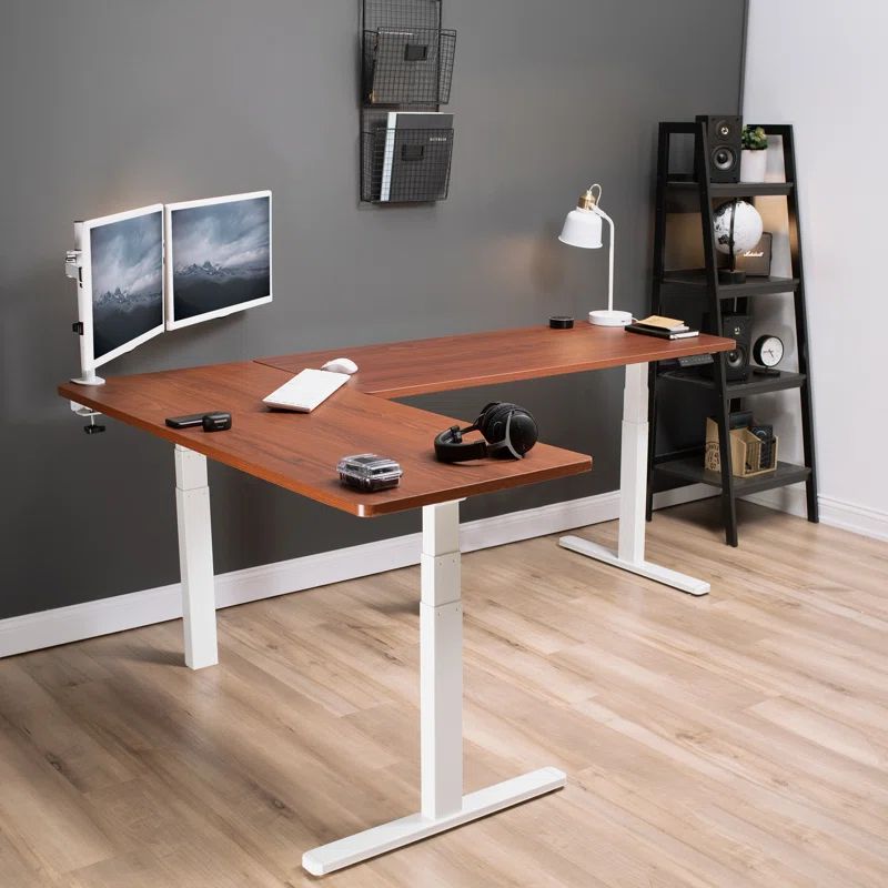 Dark Walnut & White Electric Adjustable L-Shaped Desk with Memory Settings
