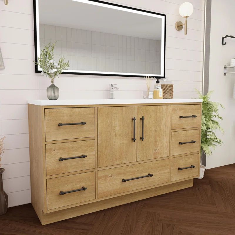 Victoria Oak Finish Freestanding Single Bathroom Vanity with Acrylic Top